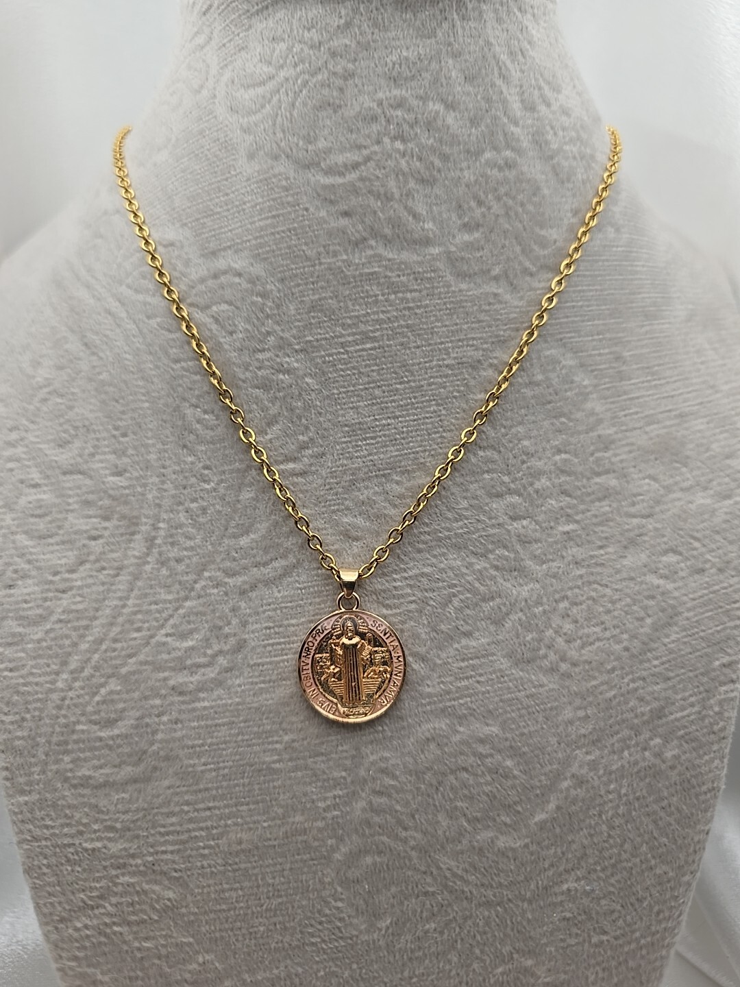 Pink Saint Benedict Medal Necklace 20″ Gold Plated Stainless Steel Catholic Gift