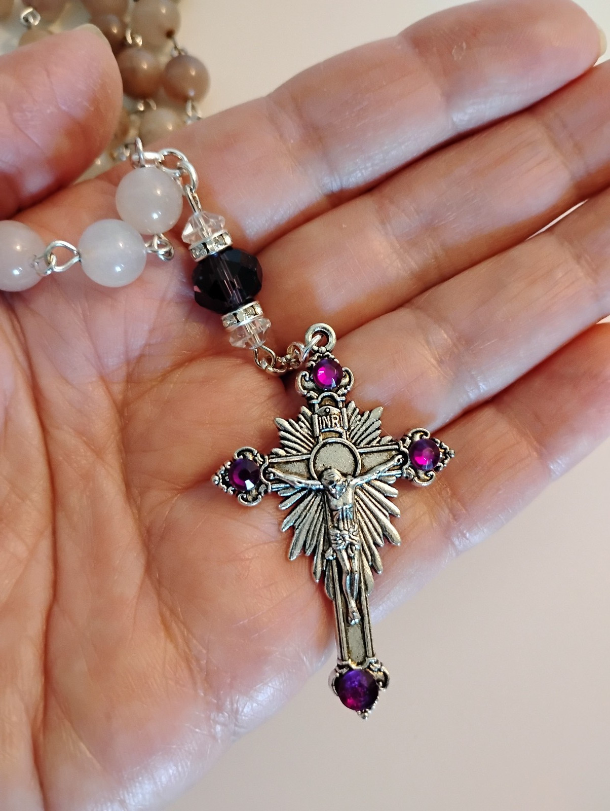 Pink Opal Gemstone & Amethyst Crystal Rosary Beads 8mm 10mm Silver Mary Roses