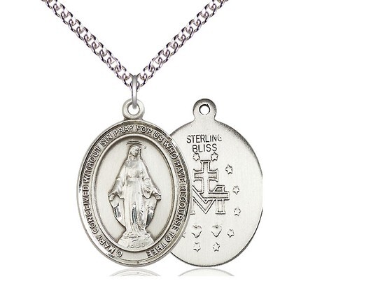 Miraculous Medal Pendant 1″ High Sterling Medal on a 20” Sterling Curb Chain
