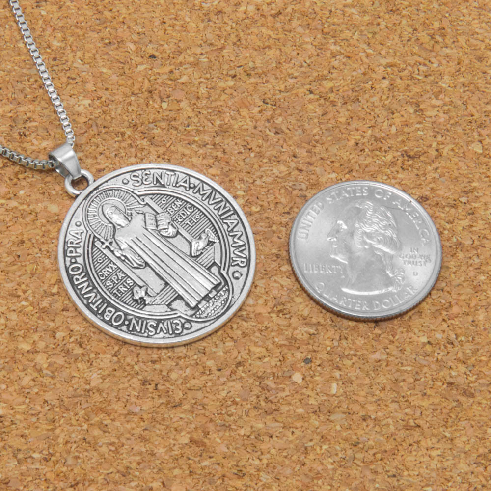 Saint St Benedict Of Nursia Cross Medal 1 1/4″ Pendant Necklace 24″ Box Chain