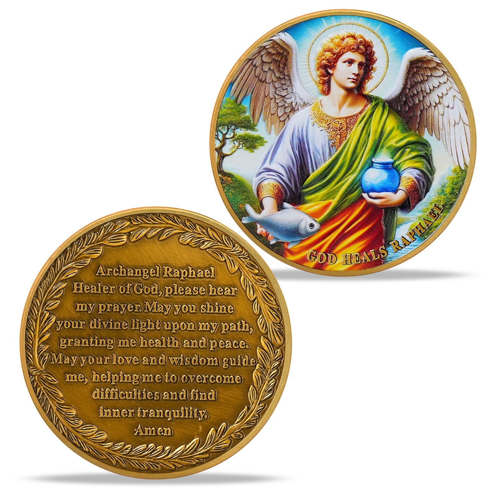 5pcs Archangel Raphael Challenge Coin – God Heals Raphael – Christian Verse Coin