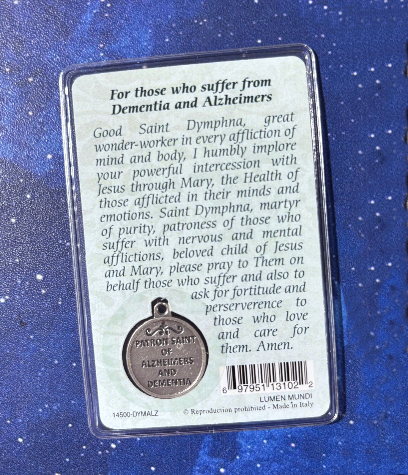 St. Dymphna Prayer Card w Medal Patron of Dementia Alzheimers