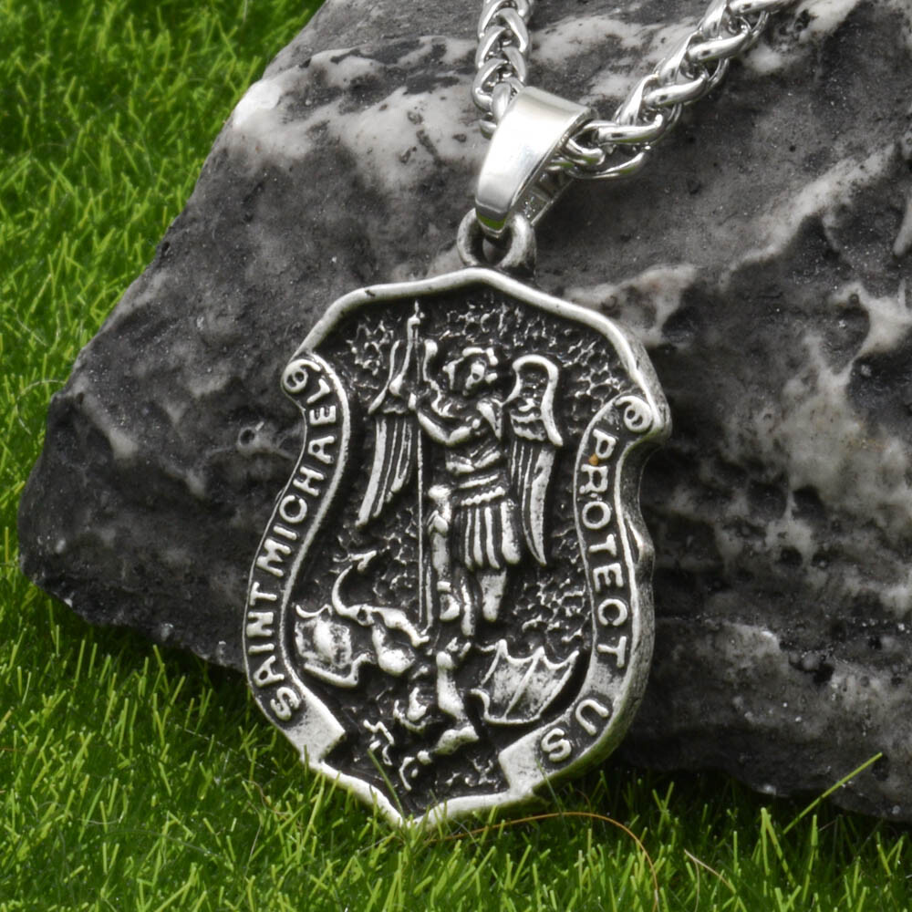 Archangel Saint St Michael Protect Us Medal Shield Pendant Necklace w 20″ Chain