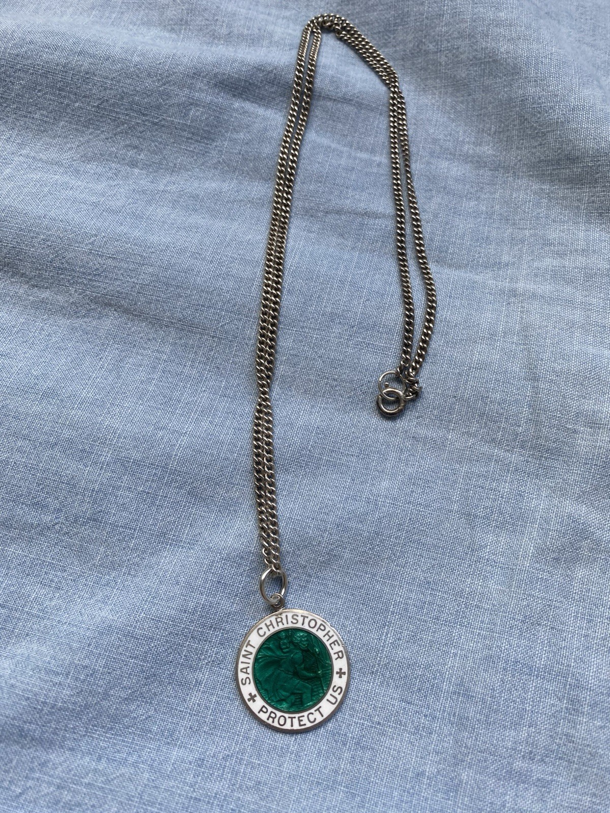 Sterling Silver And Glass Enamel Vintage Saint Christopher Pendant – RARE 1 Inch