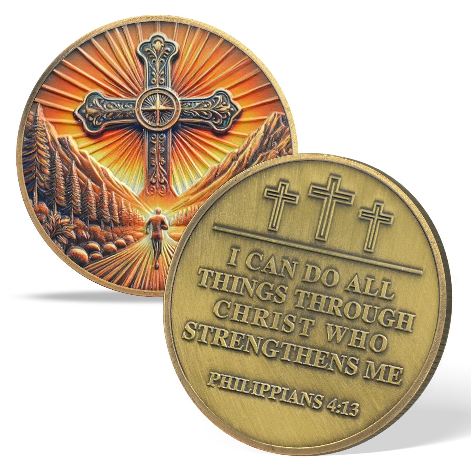 Religious Challenge Coin Philippians 4:13 Verse Christian Cross Faith Souvenir