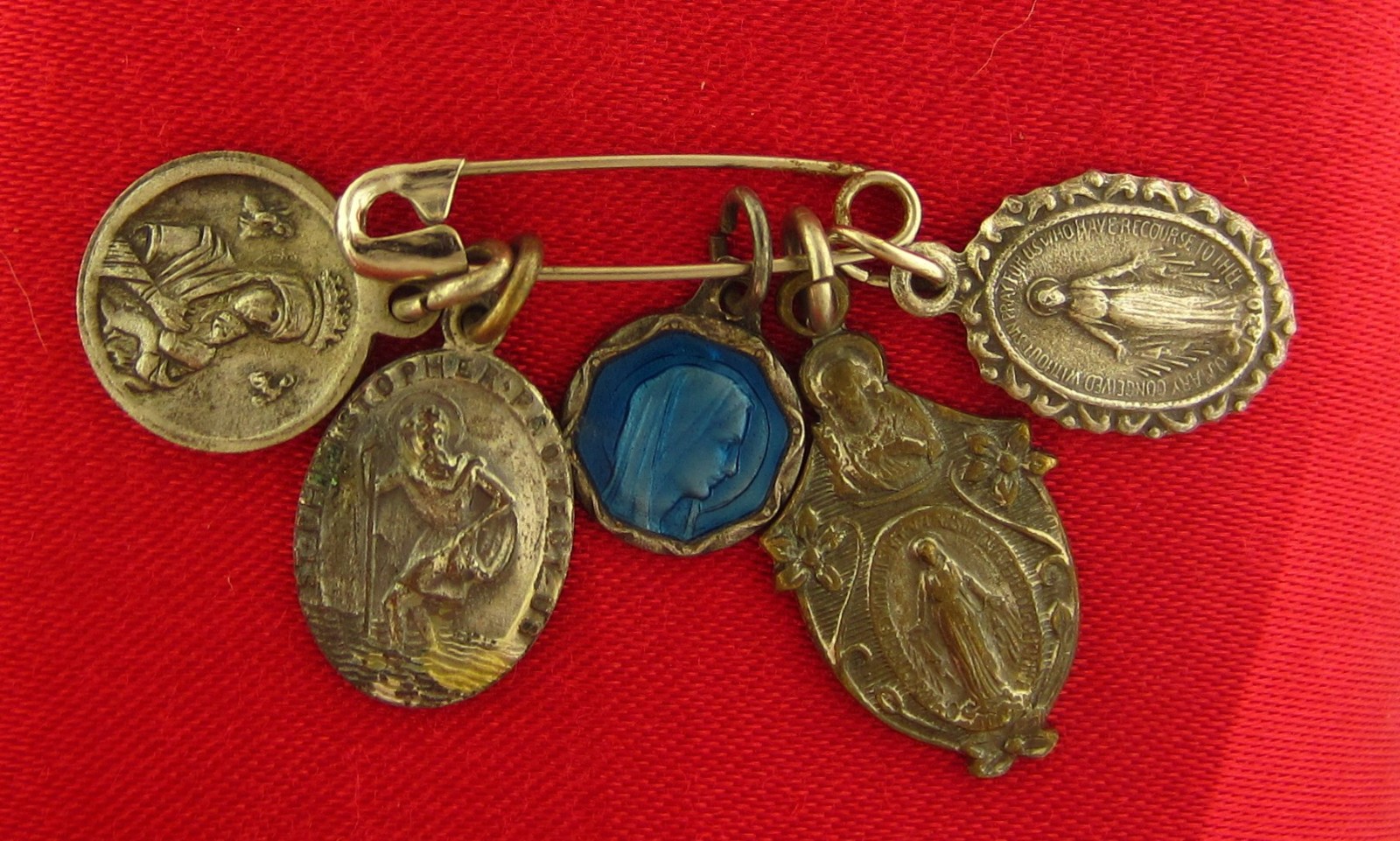 5 Vintage MARY JESUS Medals SAINT CHRISTOPHER Small Catholic Medals Blue Enamel