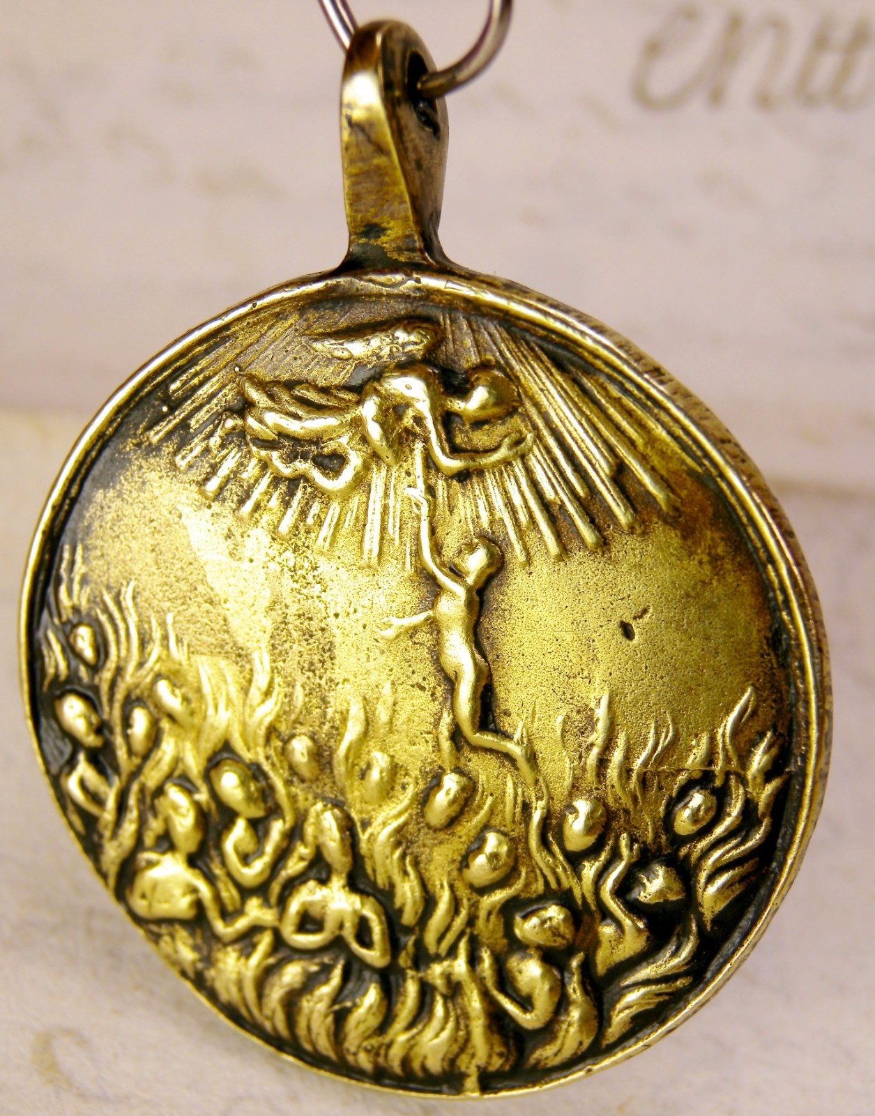ANTIQUE CATHOLIC ARCHANGELS RAPHAEL GABRIEL SAVING SOULS FROM PURGATORY MEDAL