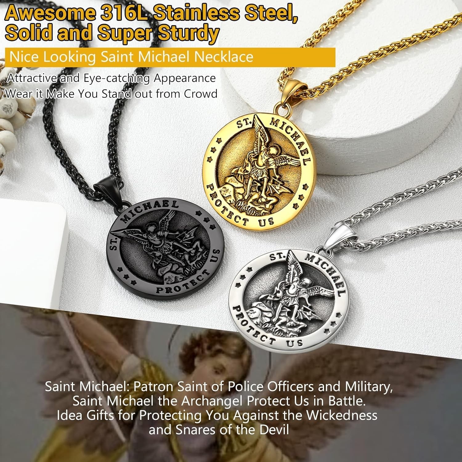 Elegant Saint Michael Medal Necklace for Men – 316L Steel, Adjustable 22-24″