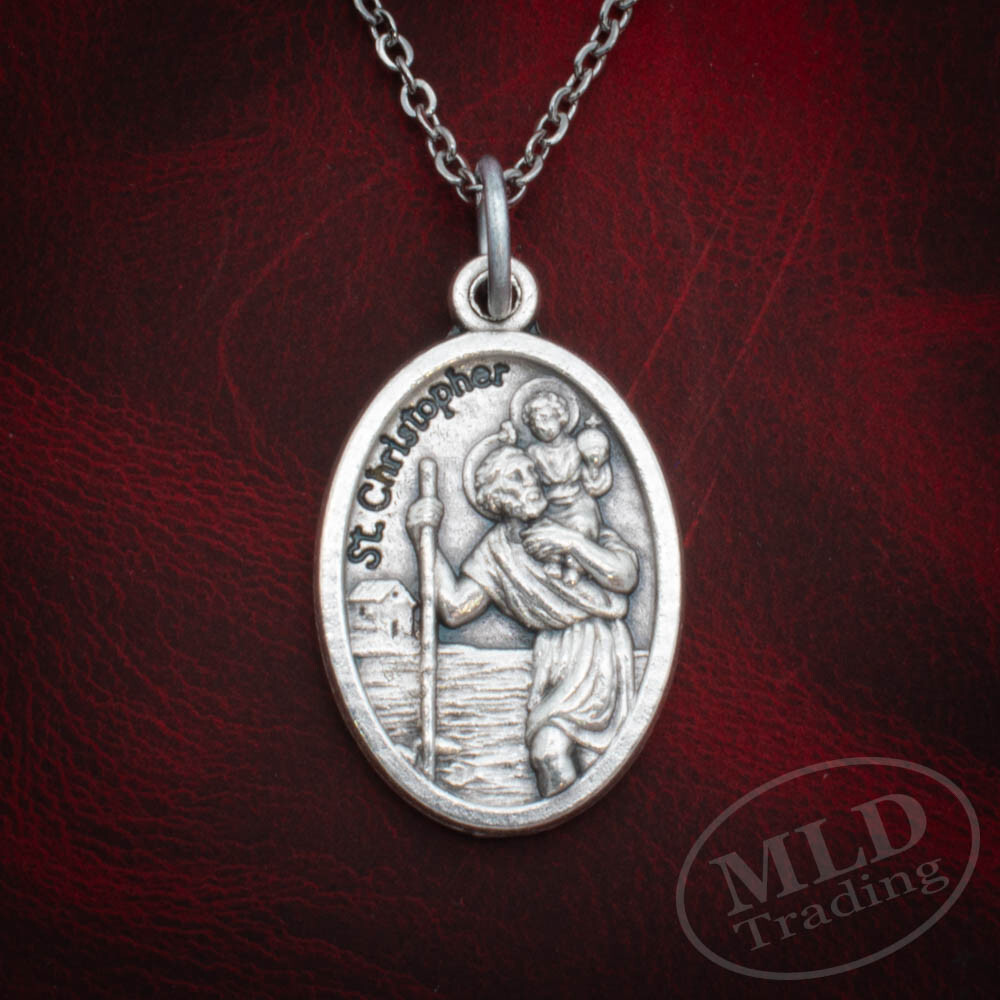 Saint St Christopher Medal Pendant Necklace, Italian, Zinc Alloy, 18″ Link Chain