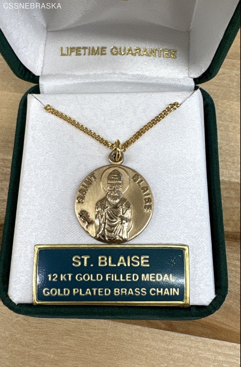 Jeweled Cross St Blaise 14K Gold Filled Medal, Gold Plated Brass Chain