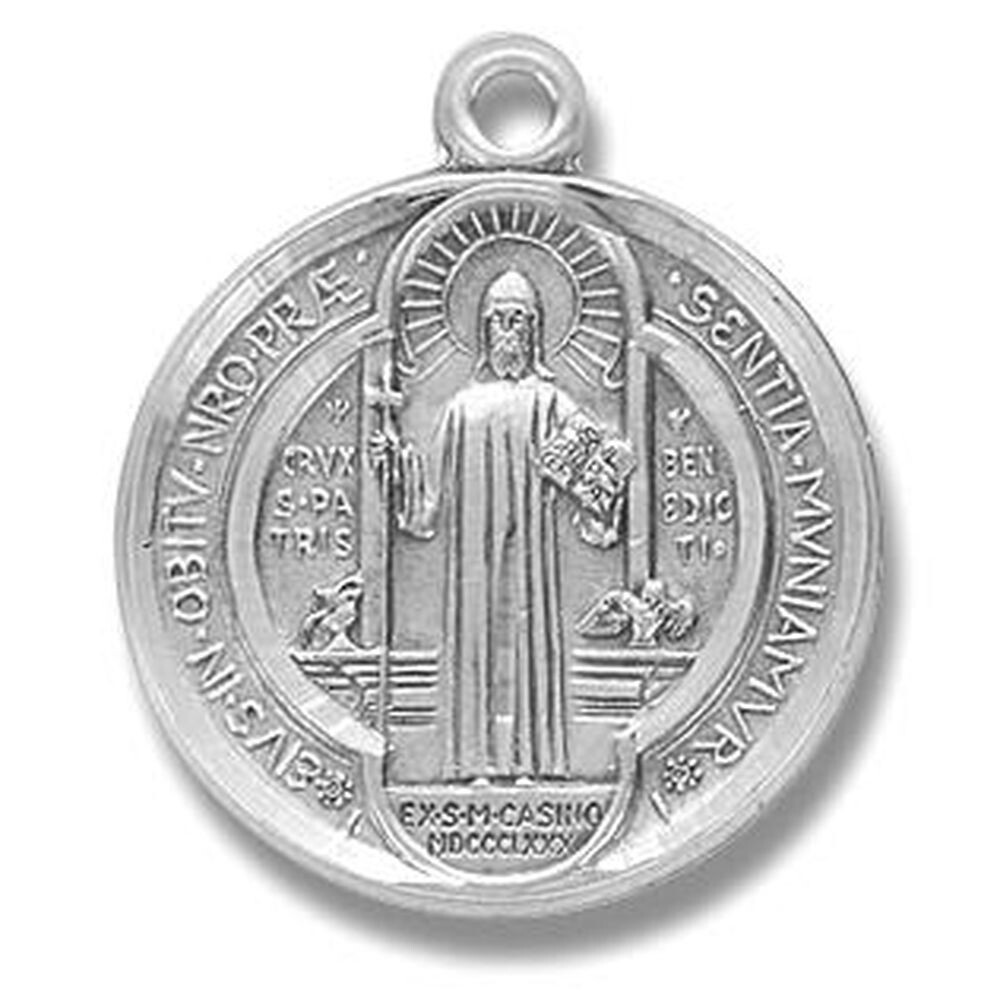 Medium Size 925 Sterling Silver Saint Benedict Pendant Medal Necklace With Chain