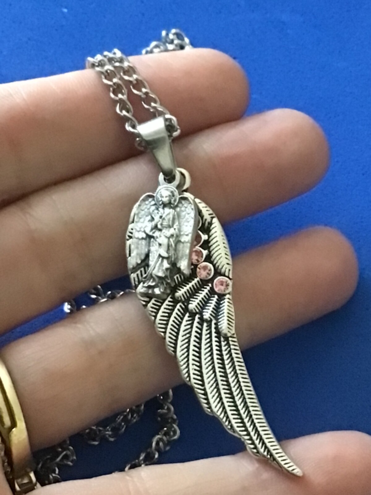ARCHANGEL St GABRIEL Saint Medal NECKLACE Pendant Angel Wing Protection Pink