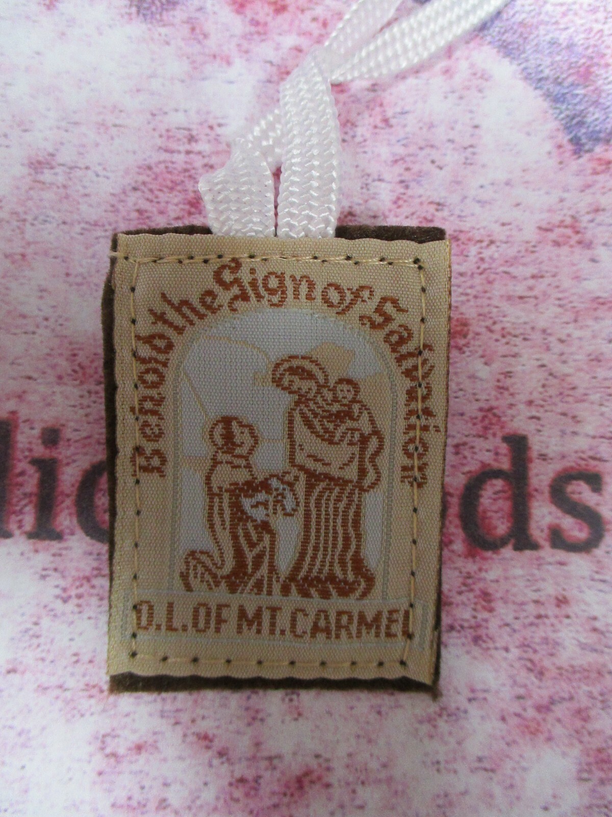 Our Lady of Mt Carmel Brown Scapular w/ Our Ladies Promise w/ White Straps