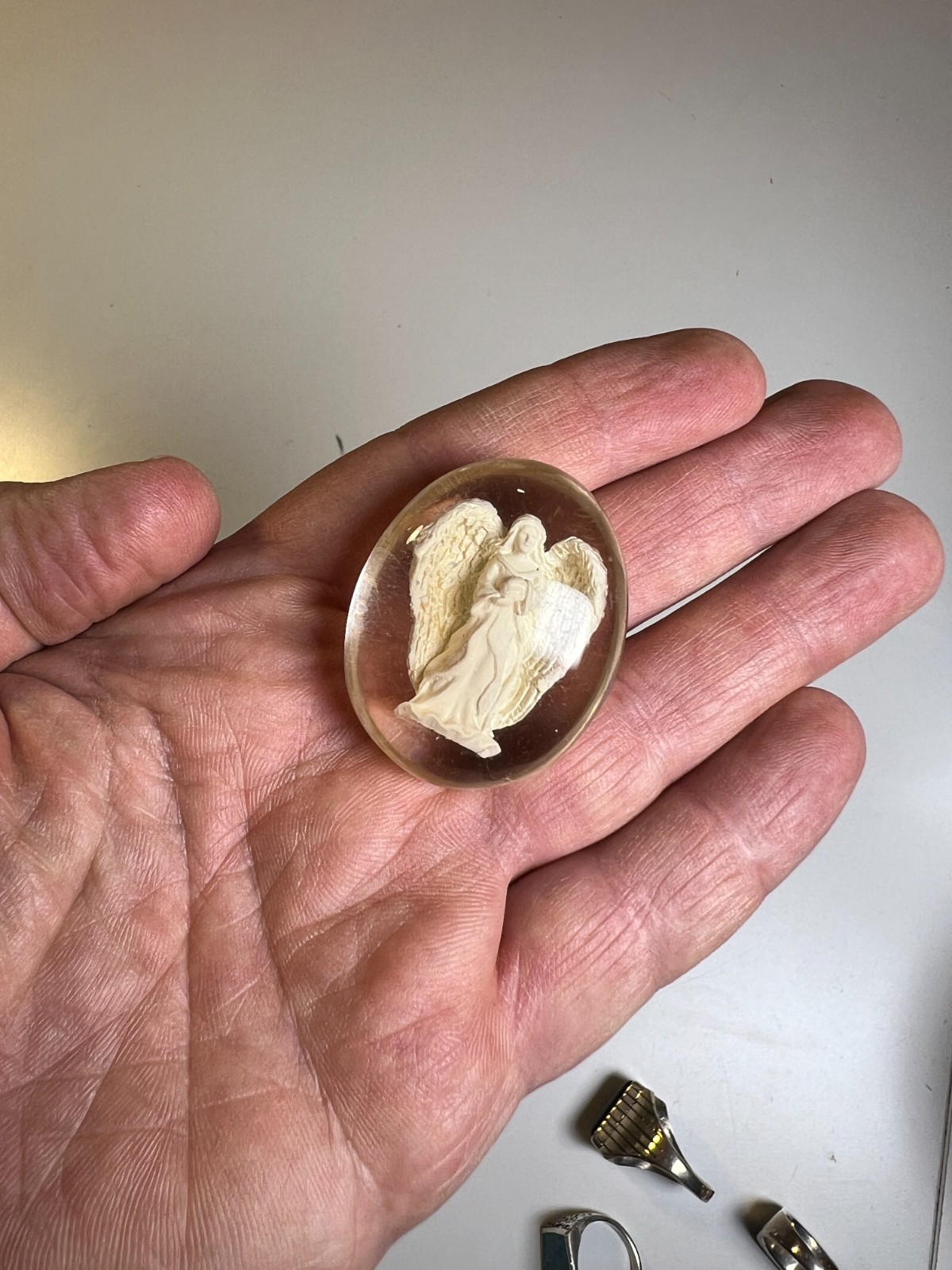 Antique Vintage 1950s Chalkware Angel Encased Lucite Devotional Pocket Charm