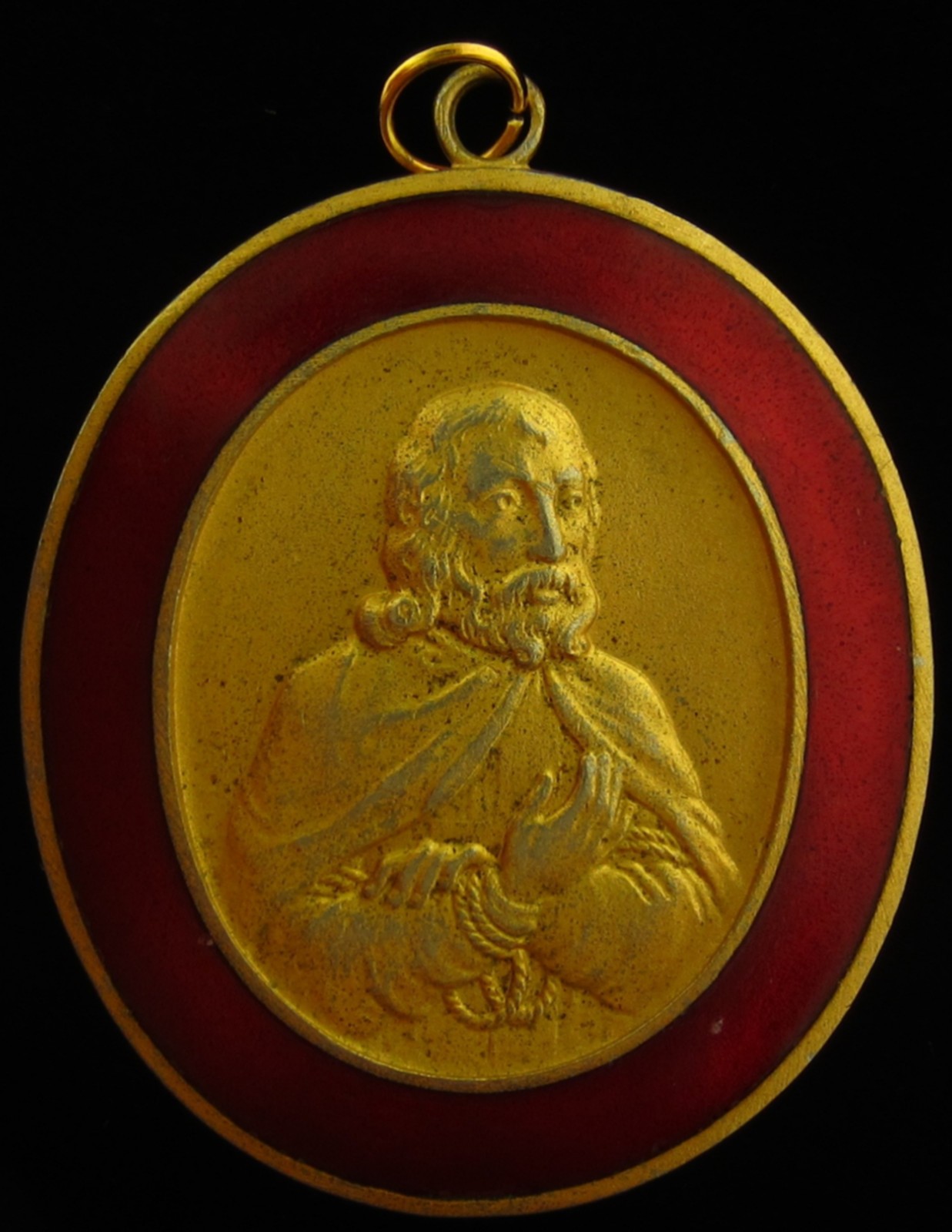 Vintage Saint Medal Gold Tone Red Enamel Religious Holy Catholic XL Large