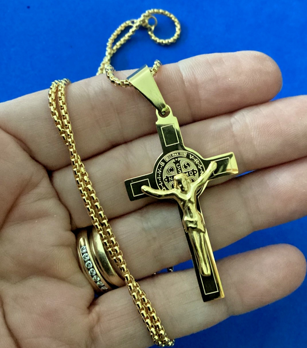 St BENEDICT Protection NECKLACE Saint Gold Plate Stainless Steel CRUCIFIX 23”