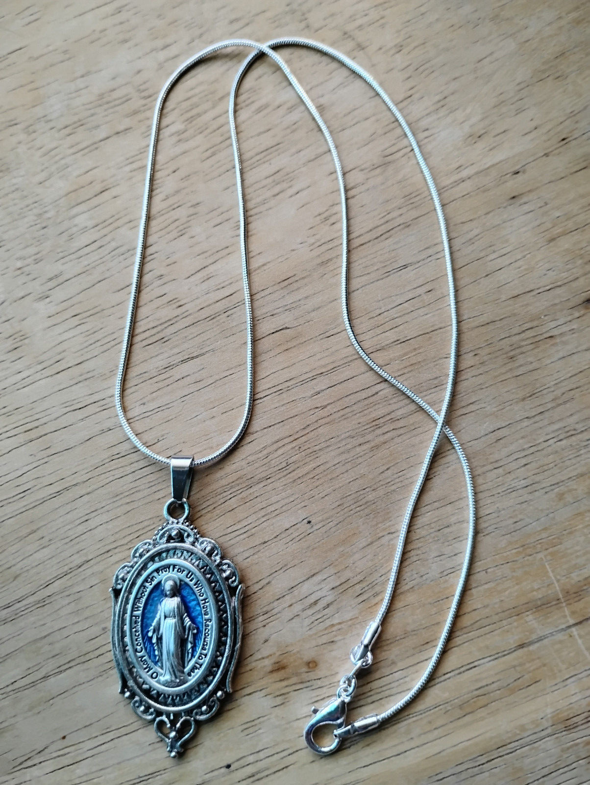 Silver Blue enamel Miraculous Medal Pendant necklace 925 sterling chain OOAK
