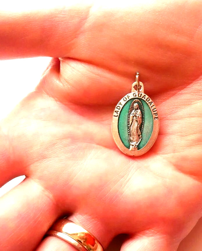 Lady of Guadalupe 7/8″ x 5/8″ Silver Tone / Green Medal + FREE Cord – (Italy) –