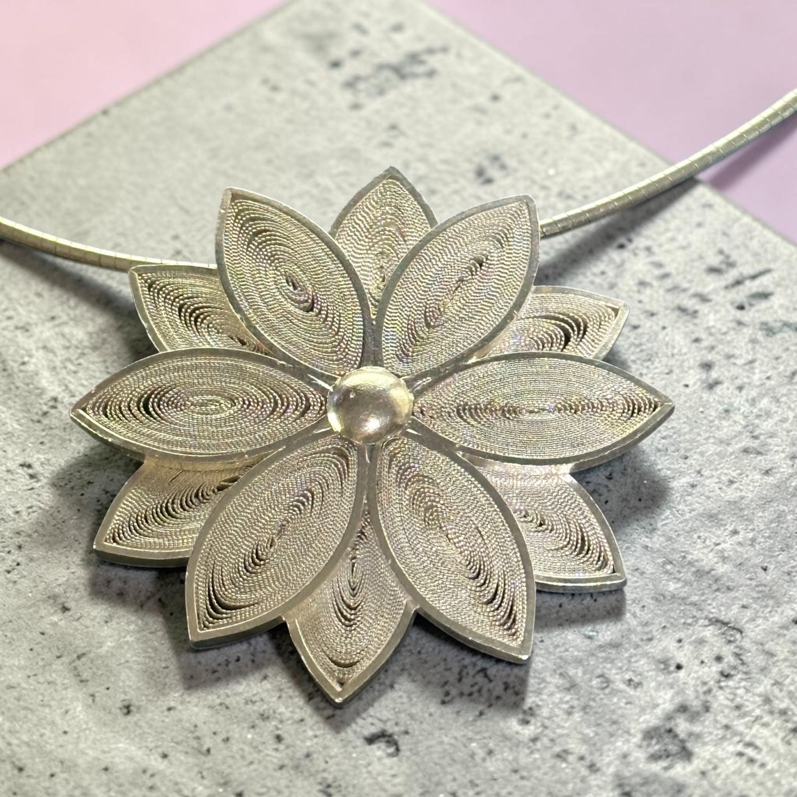 Sterling Silver Lotus Flower Pendant Omega Necklace 20″ Boho Chic Gypsy 20.1g