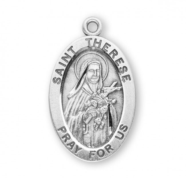 St. Therese of Lisieux Sterling Silver Oval 1.1″ Medal, Gift Box, 24″ Chn, US