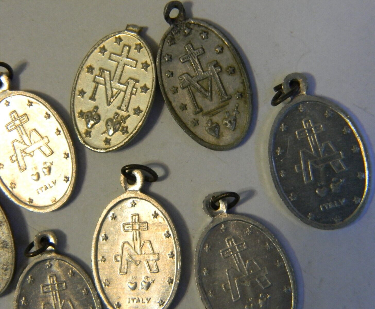 1 broken bail Religious lot 8pc Miraculous aluminum medal charm pendant