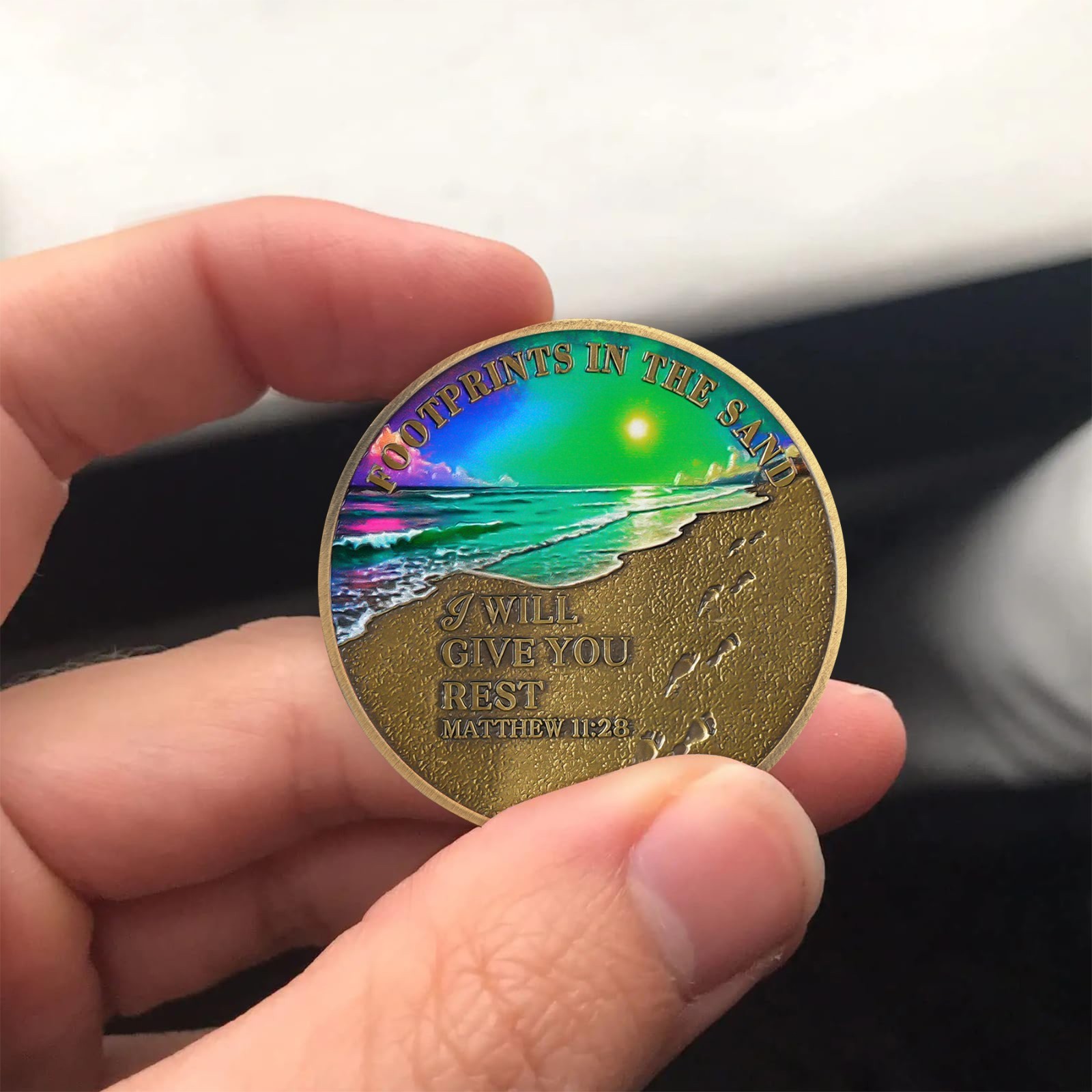 5pcs Inspirational Christian Coin Footprint In The Sand Matthew 11:28 Verse Coin