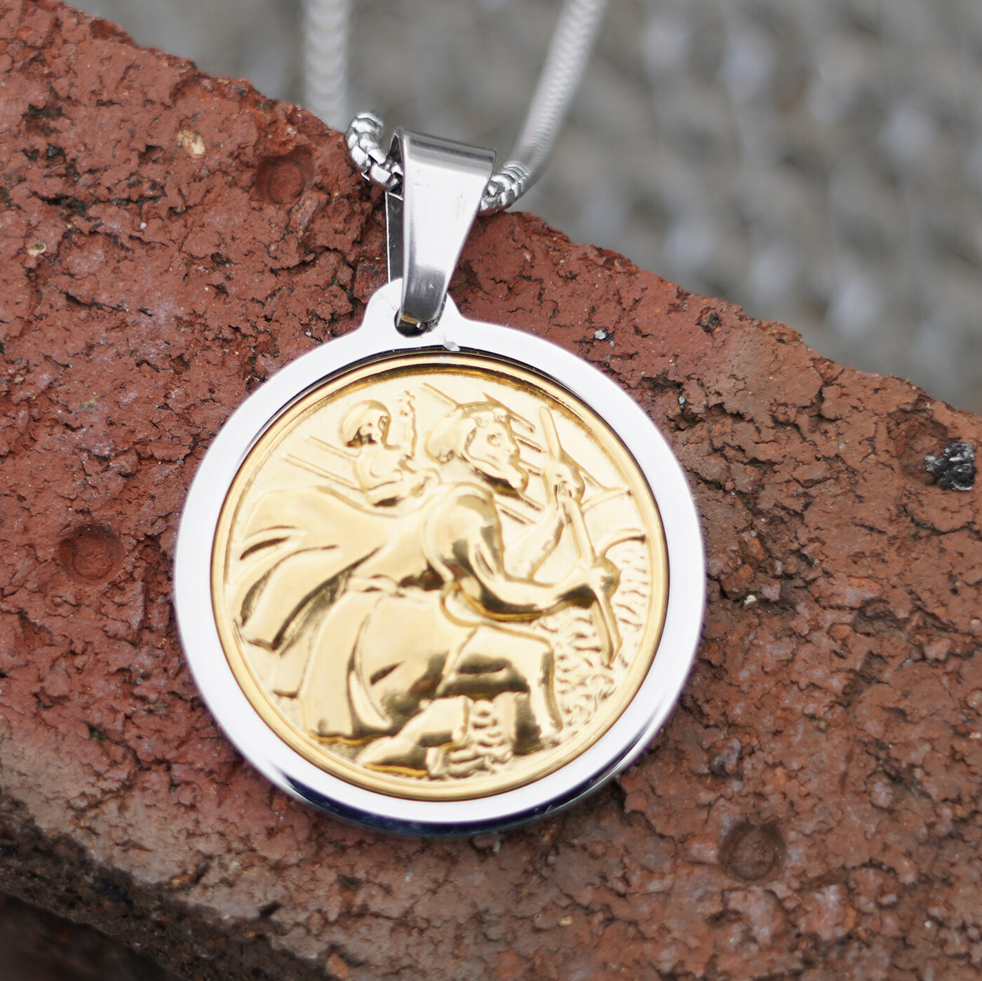 MENDEL Mens Gold St Saint Christopher Medal Pendant Necklace Stainless Steel Set
