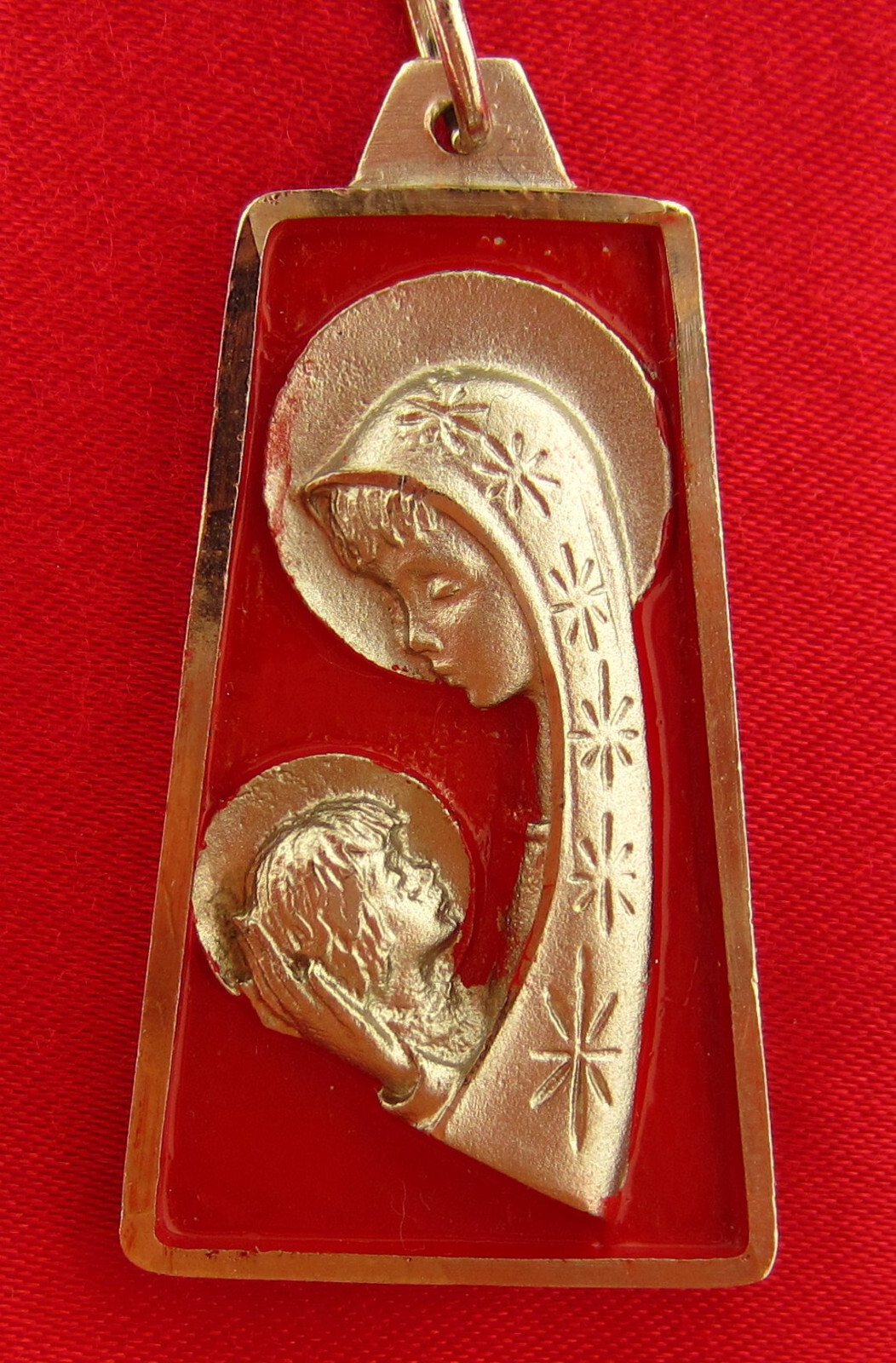 Vintage MARY JESUS Medal RED ENAMEL Religious Catholic Silvertone Pendant LARGE