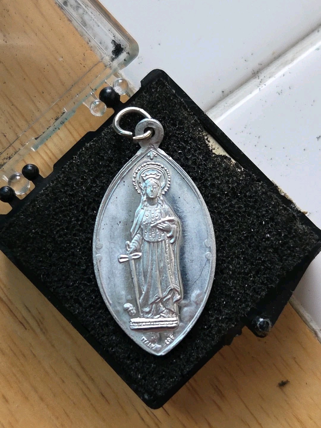 Vintage St Dymphna Pray for Us Medal Italy 1960’s Mental Health Silver tone 1.25