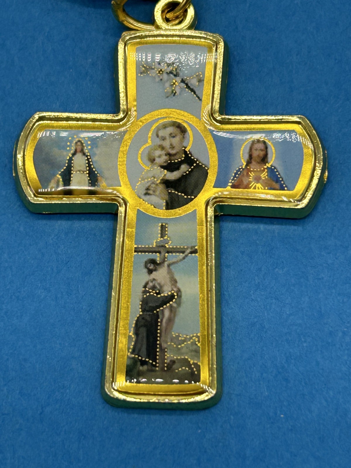 Vintage Saint Anthony Virgin Mary Jesus Cross Keychain Gold Toned Christianity