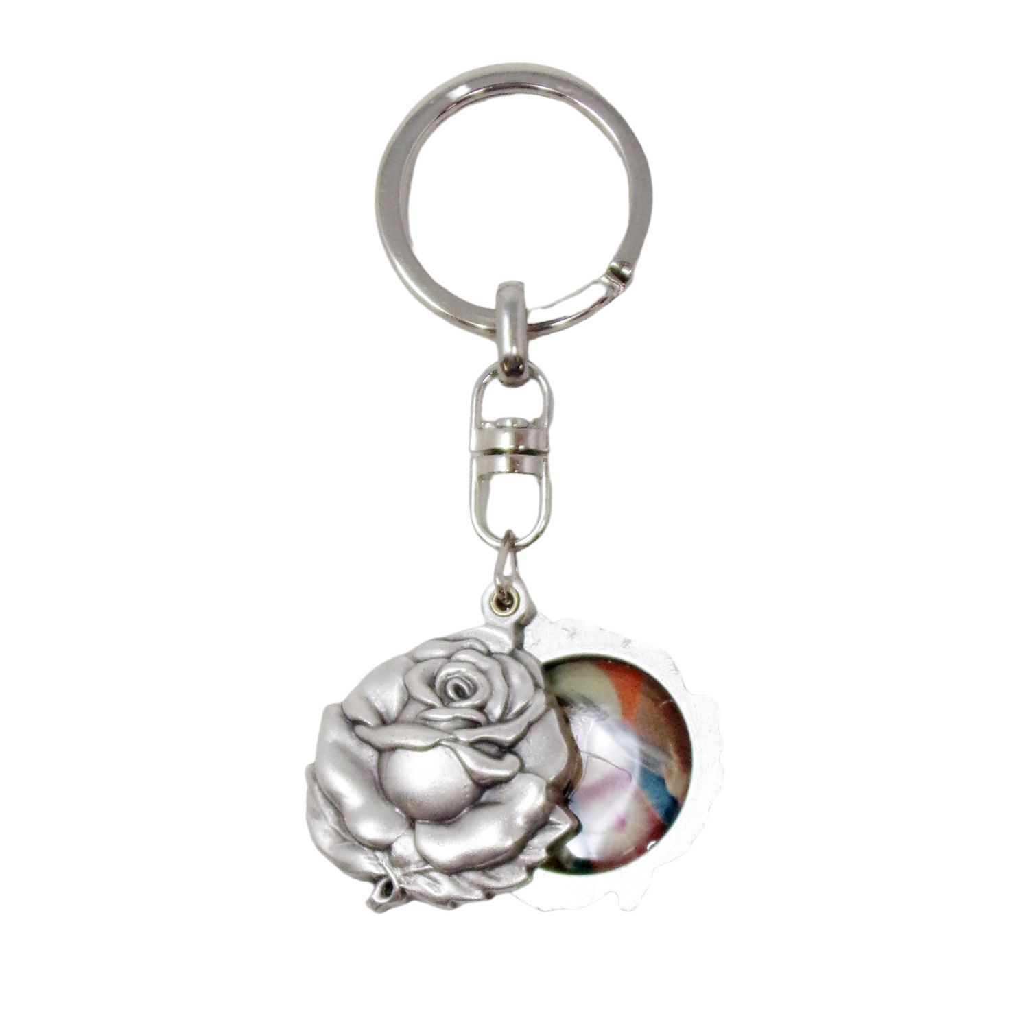 Silver Tone Sacred and Immaculate Hearts Epoxy Image Rosebud Key Chain 3 1/2 In