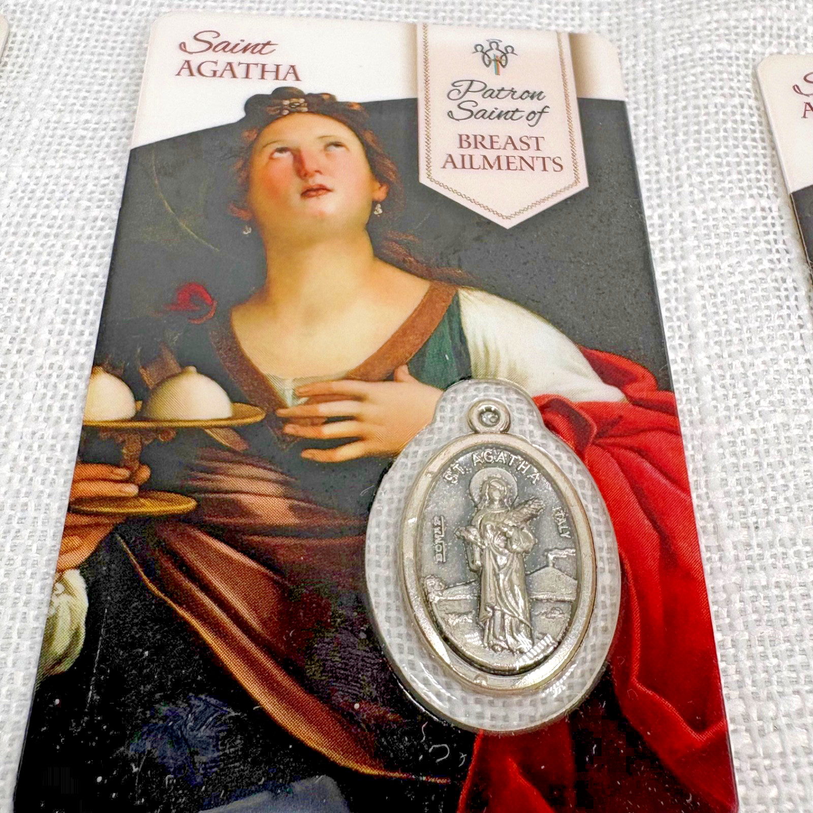 St Peregrine St Agatha Coin Laminated Prayer Card Medal Silver Charm Cancer 3pk