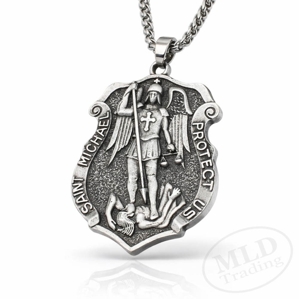 Saint St Michael Medal Shield Pendant Necklace – Zinc Alloy, 22″ Wheat Chain