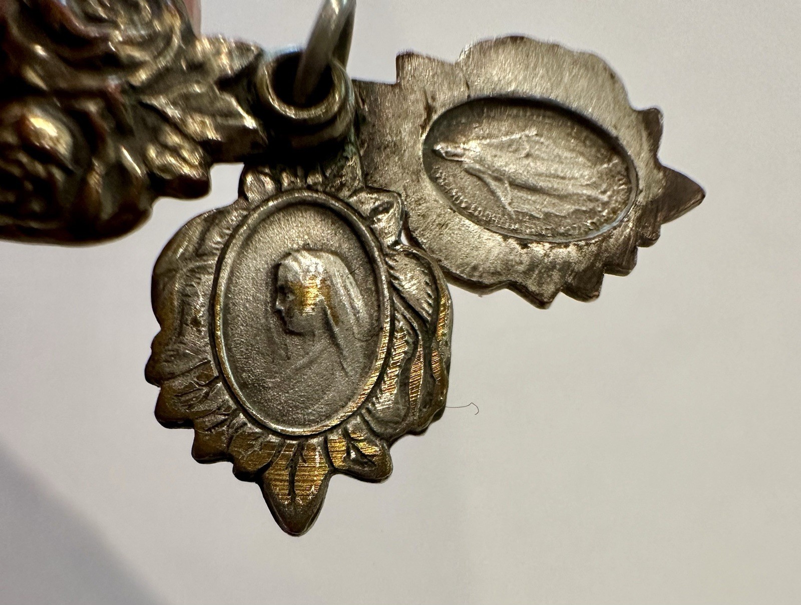 Vintage Catholic Miraculous Rose Triple Slide Sterling Silver Charm Medal