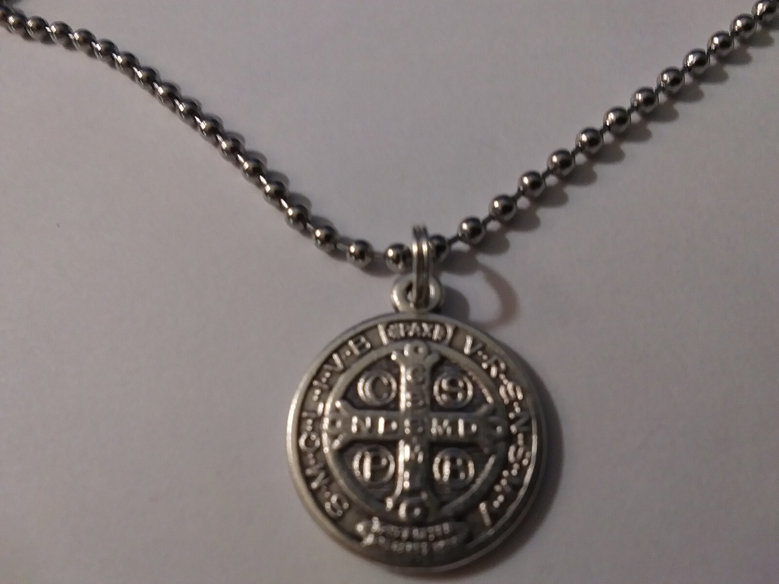 Italian Silver St Benedict Medal Necklace on USA stainless steel Ball Chain