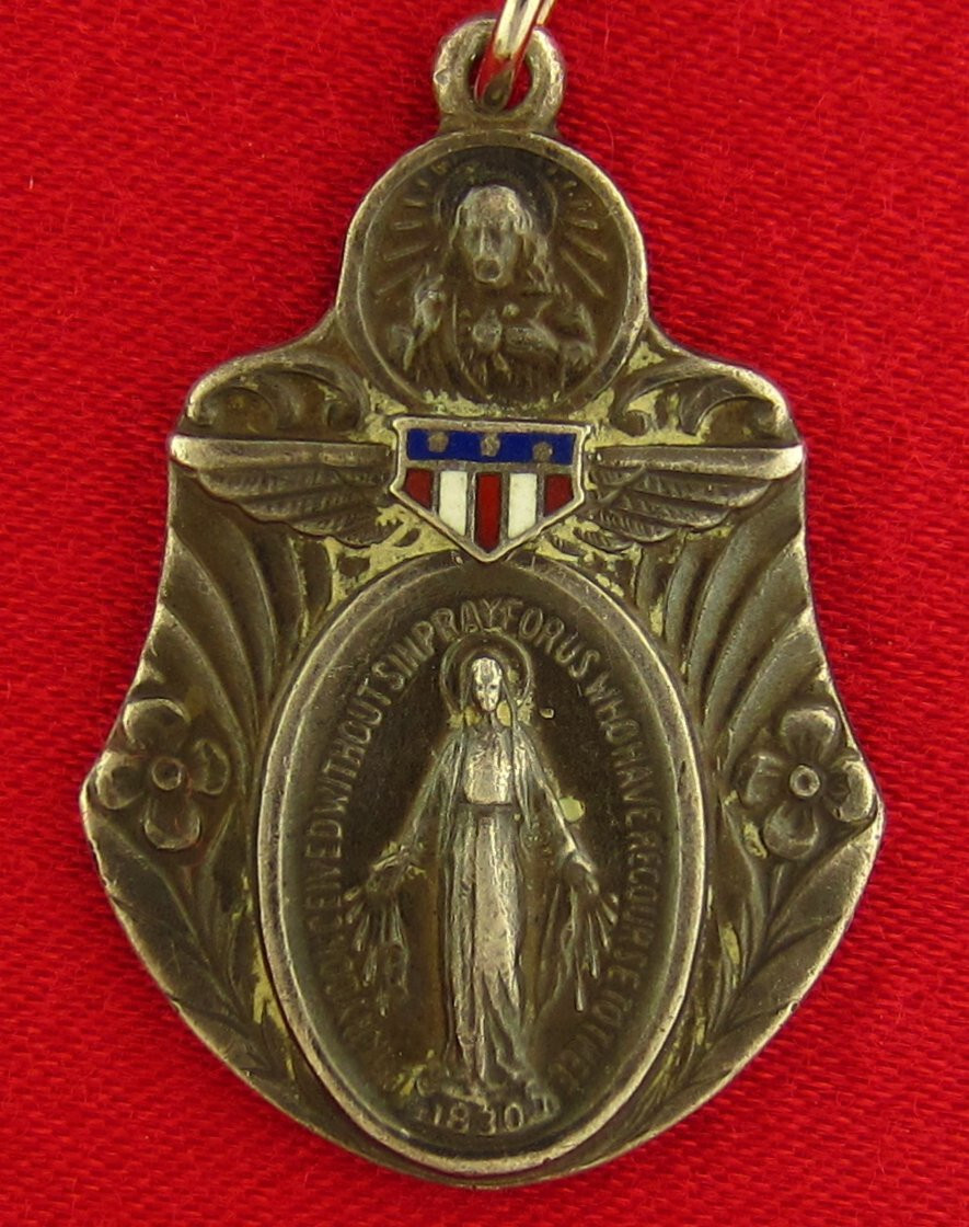 Vintage Sterling MARY Medal RED WHITE BLUE ENAMEL WINGS MIRACULOUS WWII Large