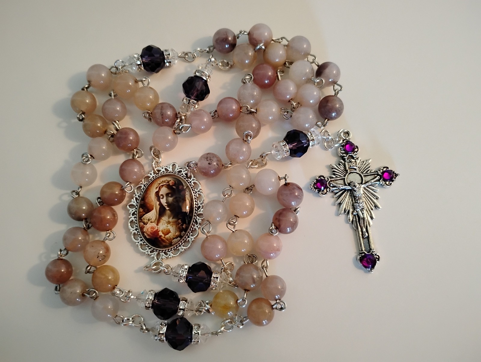 Pink Opal Gemstone & Amethyst Crystal Rosary Beads 8mm 10mm Silver Mary Roses
