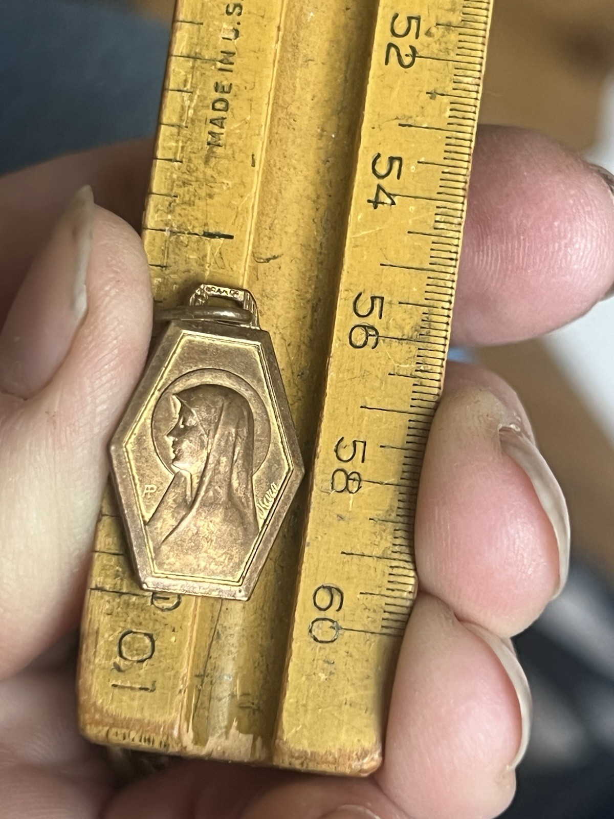 Antique French medal Virgin Mary Brass Gold 1” Pendant Antique Art Deco Charm