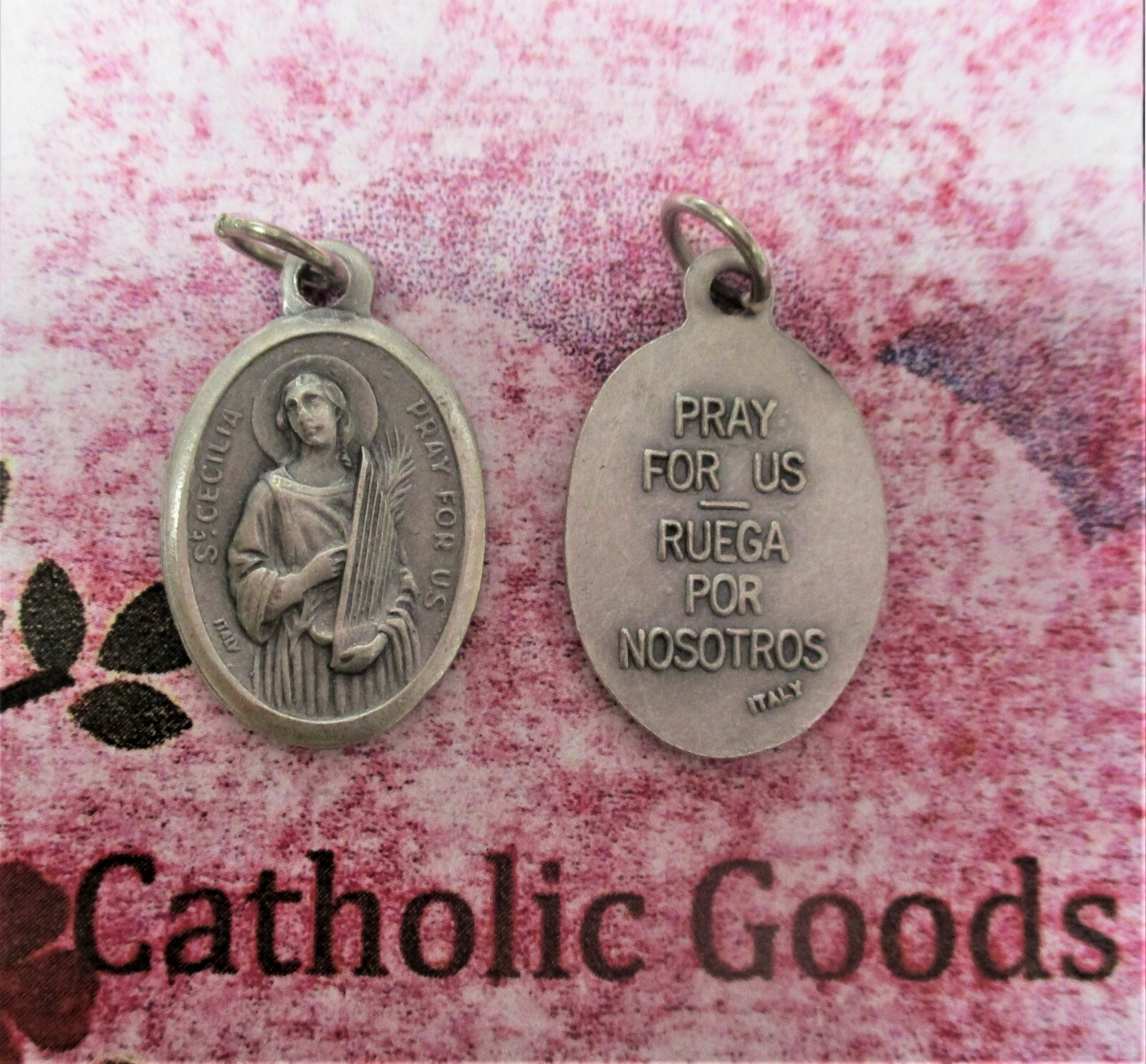 St. Cecilia – (Spanish + English) Pray for Us – Italian Silver tone OX 1″ Medal