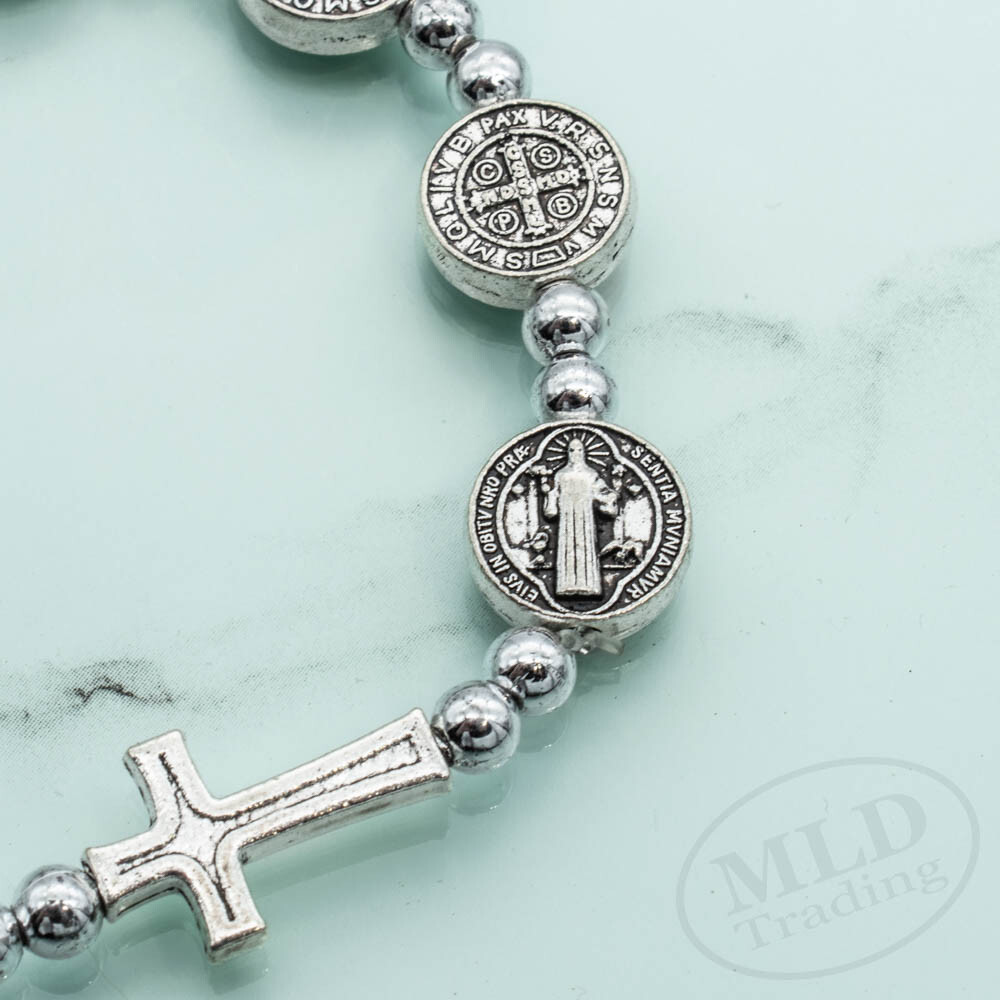 Silver Saint St Benedict Medal Cross Rosary Bracelet Pulsera De San Benito