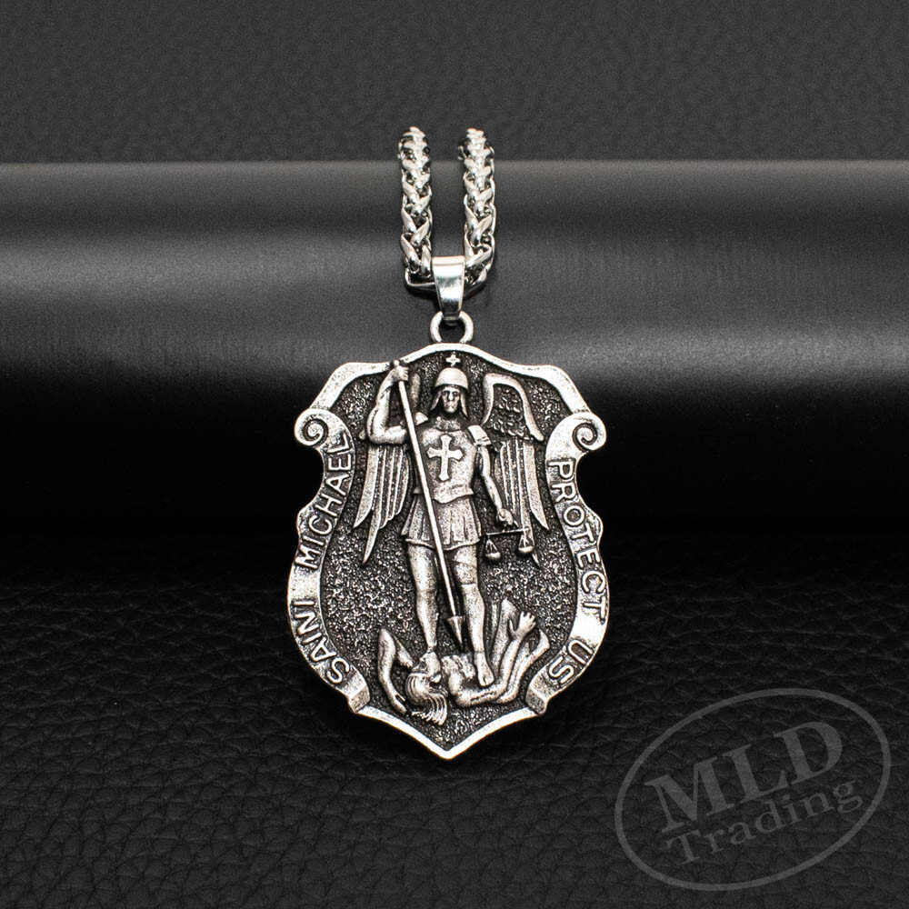 Large Saint St Michael Medal Shield Badge Pendant Necklace w Strong Spiga Chain