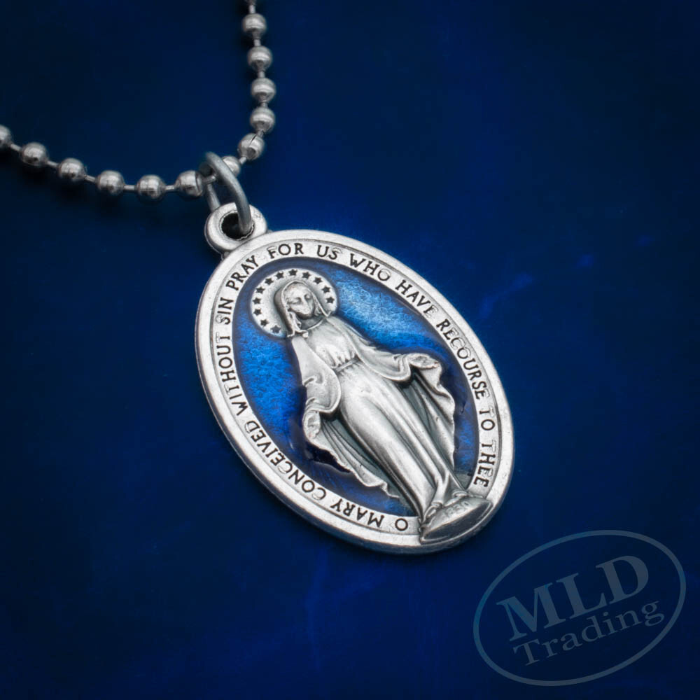 Miraculous Medal Necklace Catholic Virgin Mary 1.5″ Blue Pendant Made In Italy
