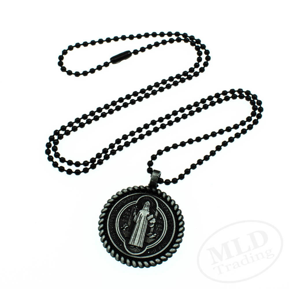 Knot Border Saint St Benedict Medal Pendant Necklace 24″ Ball Chain Black