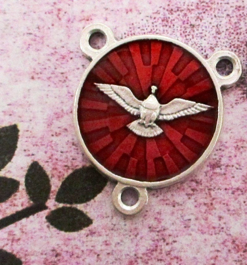 Holy Spirit + 7 Gifts of the Holy Spirit – Silver tone + Red Enamel Centerpiece