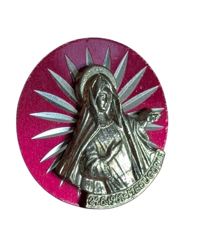 Virgin Mary Medugorje 1981 Plaque Medallion Metal Pink Round Charm Catholic