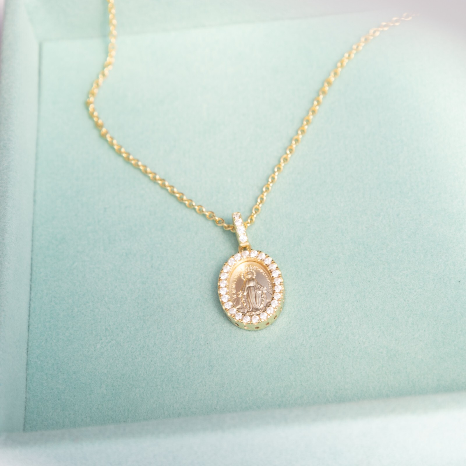 18k Gold plated Silver CZ Miraculous Medal Pendent Necklace Virgin Mother Mary