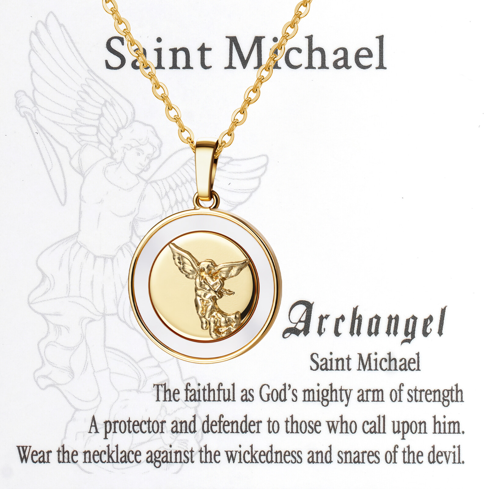 Women Gold Plated Catholic Saint St Michael Medal w Shell Inlaid Charm Necklace