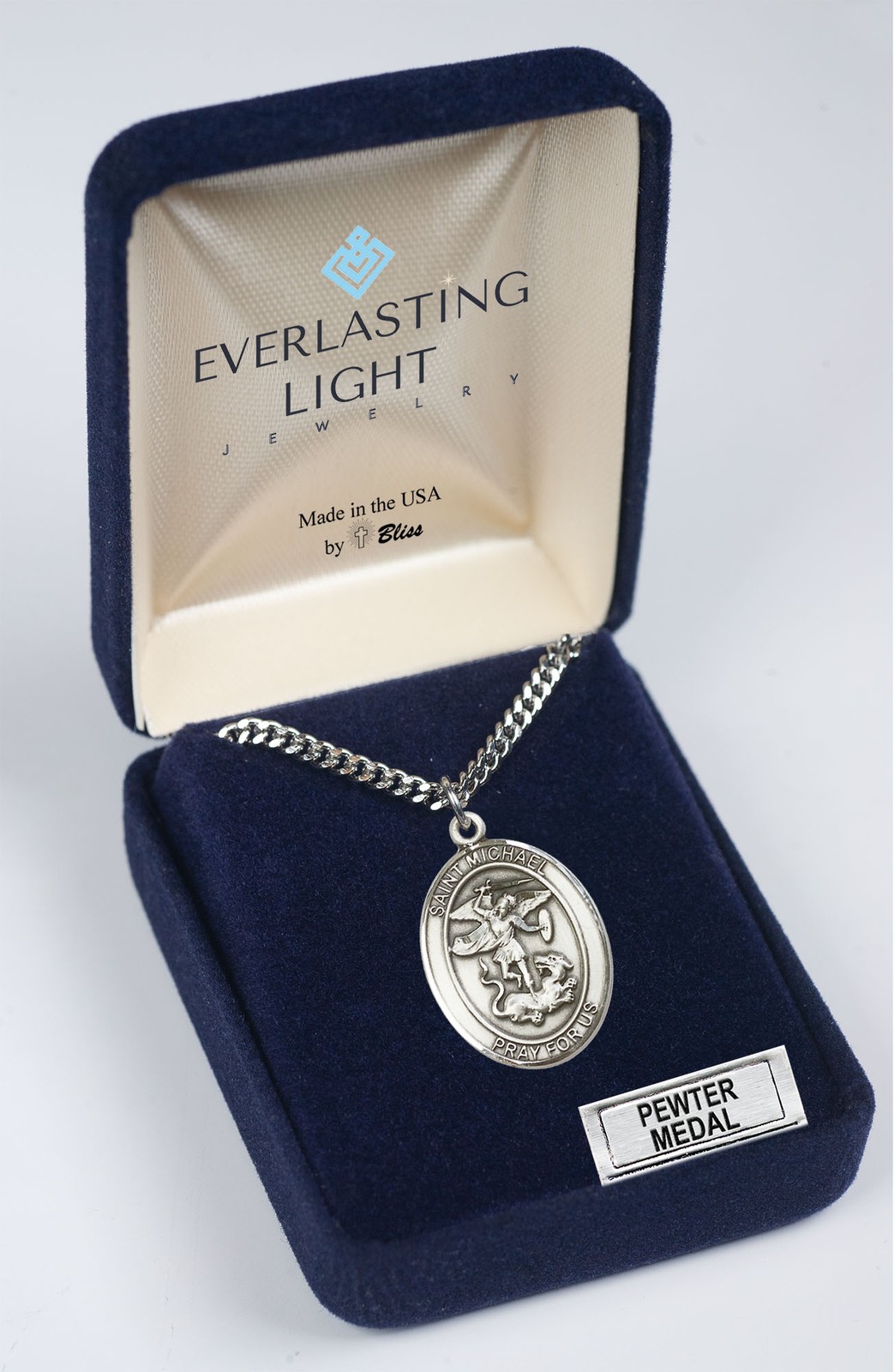 Pewter Saint Michael the Archangel Medal Pendant Necklace 24″ Chain GiftBox