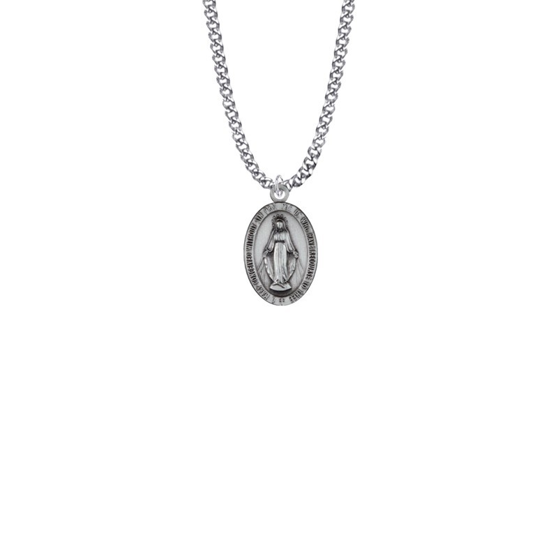 925 Sterling Silver Antiqued Miraculous Medal Mary Pendant Necklace Made In USA