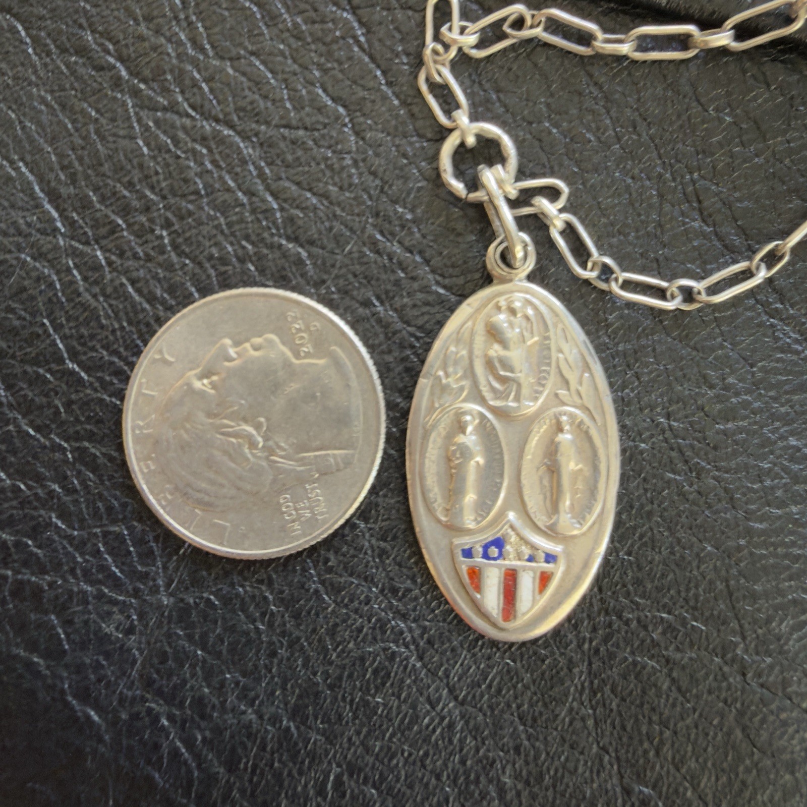 VINTAGE 1940’S ENAMEL – STERLING SLIDING ST. CHRISTOPHER – ST. JUDE MEDAL-CHAIN